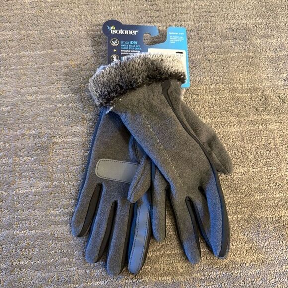 Isotoner Gray Faux Fur Trim Winter Smart Touch Gloves Micro Fleece NWT - Picture 3 of 4